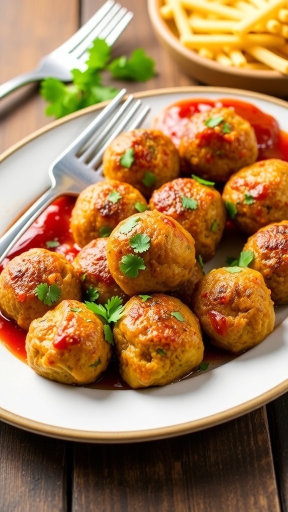 A plate of quinoa chicken meatballs with parsley and marinara sauce on a wooden table.